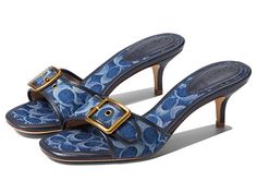 COACH Margot Denim Sandal - Women's Shoes : Denim : Please Note: COACH items cannot be shipped to military addresses (APO or FPO) and addresses in Hawaii, the Virgin Islands, Guam or any other locations outside of the continental US. Stay on track with your fashion-forward style in the COACH Margot Denim Sandal. Slip on style. Round, open toe silhouette. Decorative buckle on vamp. Sculpted kitten heel. Leather and textile upper, lining and insole. Leather outsole. Made in Brazil. Measurements: H The Virgin Islands, Denim Sandals, Denim On Denim, Fancy Shoes, Shoe Inspo, Girly Shoes, Aesthetic Shoes, Swag Shoes, Virgin Islands