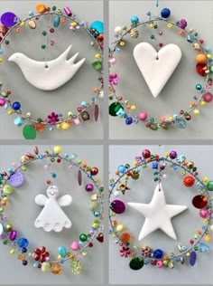 three pictures of different ornaments in the shape of stars and doves, with beads around them