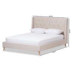 Bring elegant style into your bedroom with this Beige Upholstered Wingback Queen Platform Bed. Its button tufted design gives off a regal look. You'll love how its light beige finish looks in any room! Overall bed measures 86.22L x 65.35W x 45.28H in. Headboard measures 65.35L x 3.54W x 45.28H in. Footboard measures 65.75L x 2.76W x 13.19H in. Wood slat platform-style support system Crafted of rubberwood and wood composite Light beige finish Upholstered in quality blend polyester fabric and padded with foam Features a button tufted design and wingback frame Accented with shapely legs Box spring not included Accommodates a standard queen mattress; mattress not included Assembly required Not intended for commercial use Care: Spot clean only. This item is available at Kirklands.com only, not Decor White Walls, Upholstered Platform Bed King, Upholstered Platform Bed Queen, Dresser Large, Slatted Bench, Padded Bed, King Size Platform Bed, Large Round Mirror, Bed Light