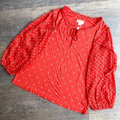 Maeve (Sold By Anthropologie) Jacquin Top. Bright Red With Blue And Yellow Polka Dots. Semi-Sheer Balloon Sleeves With Ruffled Details. Tie Neckline. Measurements: 18" Bust, 24" Length Material: 94% Viscose, 6% Elastane / 99% Polyester, 1% Metallic Condition: Brand New With Tags. No Flaws. Red Long-sleeve Peasant Top For Spring, Casual Red Peasant Top For Fall, Red Casual Peasant Top For Spring, Casual Red Cotton Peasant Top, Casual Red Peasant Top For Spring, Fitted Red Peasant Top For Spring, Puff Long Sleeve Top, Blue Lace Blouse, Striped Tops Women