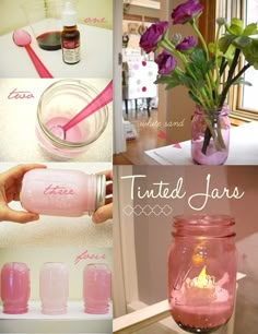 a collage of photos with pink flowers in mason jars, candles and spoons