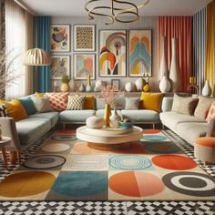 a living room filled with lots of colorful furniture