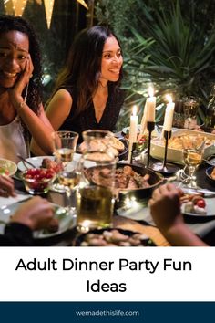 Smiling guests enjoying food and conversation at a candlelit dinner party.