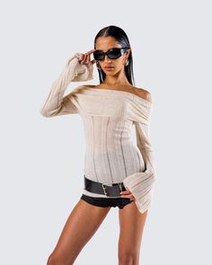 Raise the standards in this chic ivory off-shoulder top 😊 Constructed from fully fashioned knit fabric and complete with a fitted design and flared sleeves for a sleek and sophisticated look 🤍 Beige Off-shoulder Winter Tops, White Off-shoulder Knit Top, White Knit Off-shoulder Tops, Chic Long Sleeve Knit Top For Spring, Chic Spring Knit Long Sleeve Top, White Fitted Off-shoulder Knit Top, Fitted Off-shoulder Knit Top, Beige Off-shoulder Tops For Fall, Spring Boat Neck Knit Top