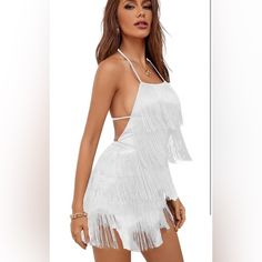 White Backless Modern/Fitted Dress Sexy Fringe Rompers For Women, Halter, Spaghetti Strap, Backless, Tassel Hem, Strappy High Waist Short Jumpsuit Are Soft And Comfortable Fabric 95% Polyester, 5% Spandex Discounted Shipping Free Gift With Every Purchase Brand New Bundle Discount Available Pet Free Smoke Free House Next Day Shipping Send Me Your Questions And Offers. ** Be Sure To Check Out My Closet For Daily Deals And Bundle Offers* White Mini Dress With Built-in Bra For Party, White Sleeveless Glamorous Backless Dress, Glamorous White Sleeveless Backless Dress, Fitted Backless Beachwear Dress For Party, White Backless Dress With Spaghetti Straps, White Flirty Backless Dress With Spaghetti Straps, Fitted Backless Dress For Beach Party, Flirty White Spaghetti Strap Backless Dress, White Spaghetti Strap Backless Dress For Date Night