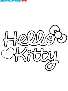 hello kitty coloring page with hearts and the word hello kitty in black ink on a white background