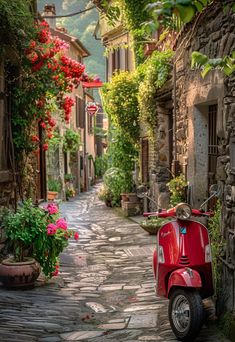 a red scooter parked on the side of a stone road next to flowers