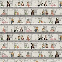 a wallpaper with many pictures of people and animals in different rooms, all on top of each other