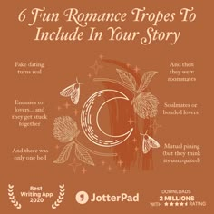 an orange poster with the words 6 fun romance tropes to include in your story