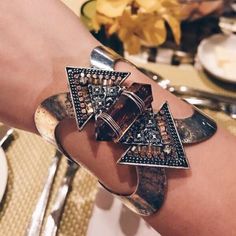 Our Crystal Empress Statement Cuff Bracelet features a geometric design & crystal accents. available in silver and gold Trinkets To Make, Statement Cuff Bracelet, Bracelets Crystal, Glam Earrings, Artist Jewelry, Crystal Cuff Bracelet, Bracelets With Meaning, Cowgirl Jewelry, Bling Shoes