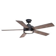 a ceiling fan with two wooden blades and a light on the bottom one is black