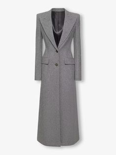 Introducing the marbella long coat, cut from premium polyester. This solid slimming temperament trench features a lapel, long sleeves, and minimalist patchwork buttons, creating an elegant look that sculpts an hourglass silhouette. Hourglass Silhouette, Work Attire, Marbella, Elegant Look, Long Coat, Dress Shop, Long Sleeves, Grey, Long Sleeve