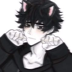 an anime character with black hair and cat ears on his head, pointing to the side