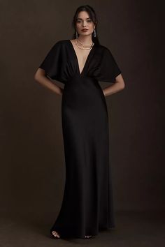 BHLDN Leila Deep-V Flutter-Sleeve Satin Gown | Anthropologie Bridemaids Hairstyles, Charmeuse Dress, Black Bridesmaids, Bright Dress, Sleek Dress, Mother Of The Groom Dresses, Bride Groom Dress, Black Bridesmaid Dresses, Satin Gown