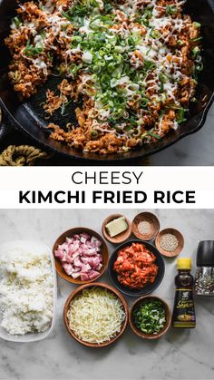 Cheesy Kimchi Fried Rice in skillet Pork Belly Kimchi Fried Rice, Kimchi Meal Prep, Korean Dishes Recipes, Kimchi Recipes, Kimchi Bokkeumbap, Korean Food Recipes, Spicy Kimchi