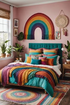 a bed with colorful pillows and blankets in front of a rainbow - themed wall hanging