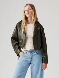 Elevate your style with our faux leather drop shoulder cropped moto jacket, featuring a removable belt for versatile styling options. Drop shoulder design for a relaxed and modern silhouette. Cropped length adds a contemporary edge to your look. Moto-inspired details including zippered cuffs and an asymmetrical front zipper closure. Removable belt for versatile styling options;cinch at the waist for a tailored fit or wear it loose for a laid-back vibe. Crafted from high-quality faux leather for Trendy Levi's Outerwear For Fall, Trendy Levi's Outerwear With Zipper Closure, Levi's Trendy Biker Jacket For Spring, Modern Cropped Outerwear For Fall, Modern Cropped Fall Outerwear, Trendy Belted Leather Jacket For Spring, Spring Biker Style Belted Outerwear, Trendy Cropped Leather Jacket For Fall, Trendy Cropped Leather Jacket For Spring