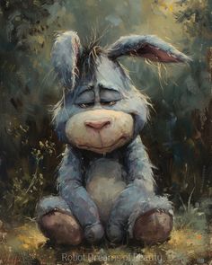 a painting of a rabbit sitting on the ground with its eyes closed and ears wide open