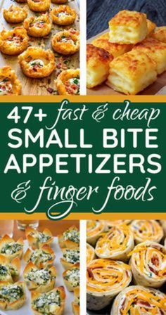 four pictures with different appetizers and finger foods