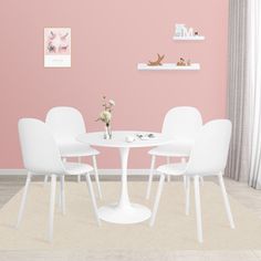 a white table and four chairs in front of a pink wall