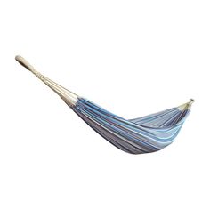 a blue and white striped hammock hanging from a rope on a white background