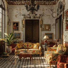 an ornately decorated living room with checkered flooring and paintings on the walls