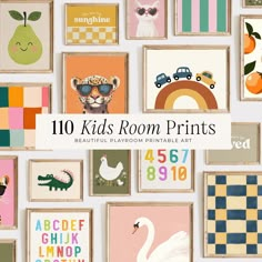 children's room prints displayed on the wall in various sizes and colors with text overlay that reads, 10 kidss room prints