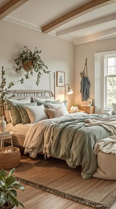 Sage Green Farmhouse Bedroom Cottagecore Bed Frames, Dreamy Cozy Bedroom Aesthetic, Green Brown And Cream Bedroom, Sage And Beige Bedding, Green Sheets Beige Comforter, Boho Bedroom Bedding Ideas, Couple Bedroom Ideas Green, Nuetral Pallete Bedroom Green, Farmhouse Green Bedroom Ideas