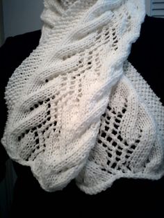 "Free Shipping! This beautiful lace scarf is approx. 8\" x 60\". It was knit of a soft baby white yarn by Bernat, and feels light and soft against your skin! Perfect for a cool evening; you could even drape it over your shoulders as a small wrap.  I love scarves that are soft and full of light. This one will make the perfect gift -- either for you or someone you love! Also, a beautiful bridal gift. Specially priced through the end of the year!" White Hand Knitted Scarf One Size, White Hand Knitted Scarf, White Crochet Scarf One Size, White One-size Knitting Pattern, White Crochet Scarf, Cozy White Scarves One Size, Cozy One Size White Scarves, Cozy White Scarves, White Yarn Knitting Pattern