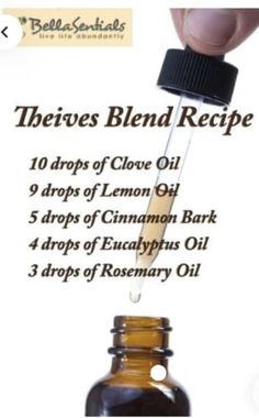 You can change the % to drops to make it easier. This will make 5ml botle. Clove Bud 40%/Lemon 30%/Cinnamon Bark 15%/Eucalyptus 10%/Rosemary 5% Thieves Blend, Eo Blends, Doterra Recipes, Thieves Essential Oil