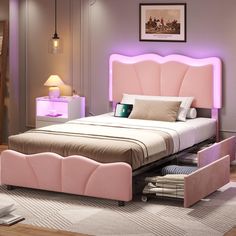 a bed with pink headboard and foot board in a purple room, lit by lights