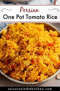 one pot tomato rice in a bowl with text overlay that reads, persian one pot tomato rice