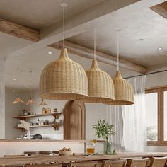 a dining room table with chairs and lights hanging from the rafters over it's head