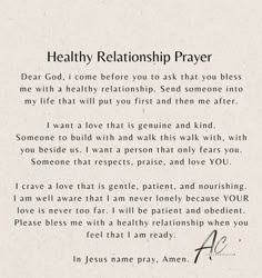 a piece of paper with the words healthy relationship prayer written on it