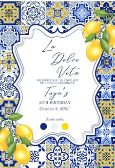 a blue and yellow tile pattern with lemons on it, in the center is an ornate