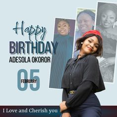 a woman standing in front of a blue background with photos of her and the words happy birthday adesola okoror