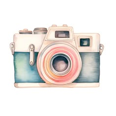 a watercolor drawing of a camera on a white background