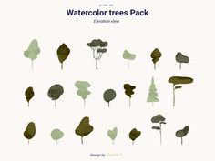 the watercolor trees pack is shown in green and brown colors, with different shapes