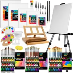 an assortment of art supplies including paint and brushes