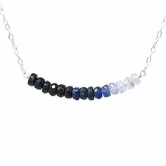 Beautiful, vibrant blue sapphire stones line up in a row and hang on a 14k gold fill, 14k rose gold fill, or sterling silver chain. Beads line up to measure approx 1.5 inches in width. These are real raw sapphire stones. You can choose the length you want when you checkout. If you want a size smaller than 16 inches, let me know when you checkout.  Great piece to layer! SIZING - Necklace on the model is 16 inches long (the model's neck circumference is 12 inches). - You can add an extension chain Blue Sterling Silver Single Strand Jewelry, Blue Sterling Silver Beaded Necklace With Faceted Beads, Blue Faceted Everyday Necklace, Everyday Blue Faceted Necklace, Minimalist Single Strand Blue Jewelry, Everyday Blue Gemstone Beads Jewelry, Minimalist Blue Single Strand Jewelry, Everyday Blue Sapphire Jewelry, Minimalist Blue Jewelry With Gemstone Beads