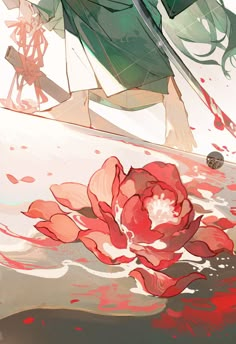 an anime character with long green hair and red flowers in her hand, standing on the edge of a body of water