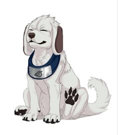 a drawing of a white dog with brown ears and paws sitting on the ground wearing a blue vest