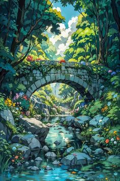 A serene stone bridge spans over a lush river, surrounded by colorful flora and a whimsical forest. Experience the tranquility of nature with this captivating artwork. Patio Door Curtain, River Drawing, Bridge Drawing, Forest Drawing, Bridge Painting, Stone Wall Art, Bridge Art, River Painting, Stone Bridge