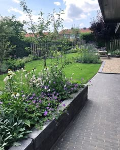 the garden is full of flowers and plants