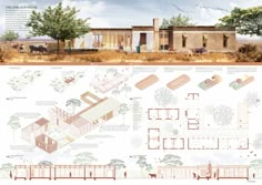 an architectural drawing shows the various sections of a house and its surrounding areas, including trees