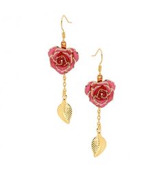 Pink Glazed #Rose #Earrings in 24K Gold Leaf Theme Elegant Rose Design Earrings For Gift, Elegant Gold Plated Jewelry With Rose Design, Formal Gold Flower Earrings With Rose Design, Formal Drop Earrings With Rose Design, Elegant Gold Flower Earrings For Valentine's Day, Formal Gold Jewelry With Rose Design, Rose Gold Rose Design Flower Earrings For Formal Occasions, Rose Gold Flower Design Earrings For Formal Occasions, Gold Rose Earrings For Gift