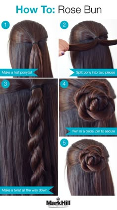 Upgrade your half-pony with this rose bun how-to. Rose Bun, Fishtail Braid, Peinados Fáciles Para Cabello Corto, Easy Hair, Short Hairstyle, Easy Hairstyles For Long Hair, Medium Length Hair, Hair Tutorials, Hairstyles For Long Hair