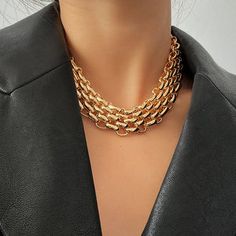 Editor's Notes: Build your inner '70s icon with this chunky chain necklace. A statement maker that matches well with your essentials like open-neck silk blouse or simple white tee. It is the absolutely eye-catching part when you wear a minimalist outfit. Available in two style designs: Bib Collar Geometric Shape Material: Iron (Gold or Silver finish) Thick Choker Necklace, Dior Necklace, Thick Chain Necklace, Layered Choker Necklace, Statement Fashion, Chunky Chain Necklaces, Layered Chokers, Neck Jewellery, Chain Choker Necklace