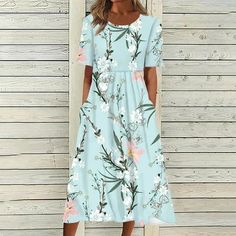 Flowy Dress Long, Elegant Summer Dresses, Beach Party Dress, Women's A Line Dresses, Short Sleeve Summer Dresses, Cotton Blends Dress, Spring Floral Dress, High Waist Dress, Skirt Maxi