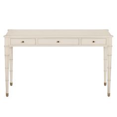 a white table with three drawers and two legs